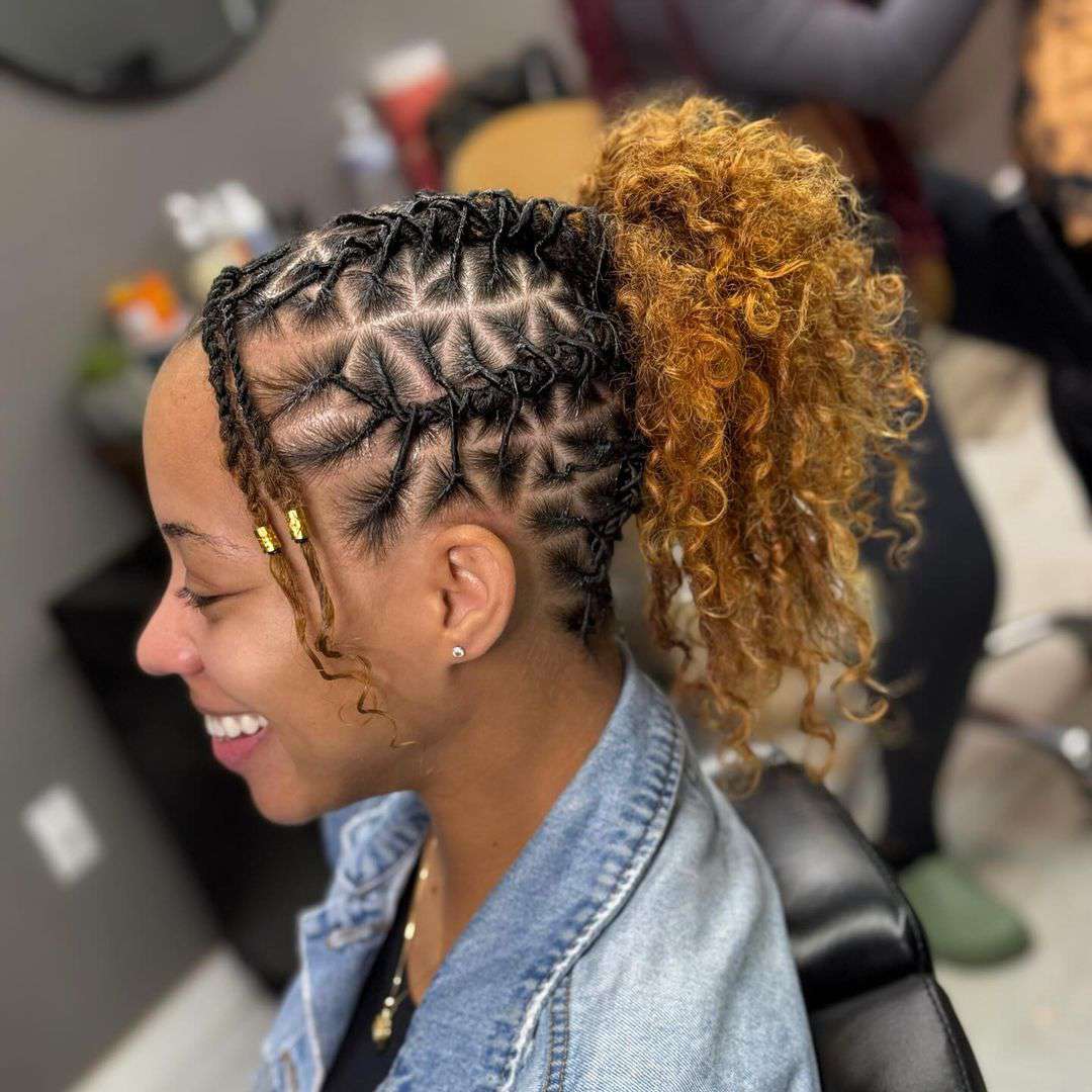Geometric Parting With Curly Ponytail Geometric Parting With Curly Ponytail — Summer Locs Styles 2027