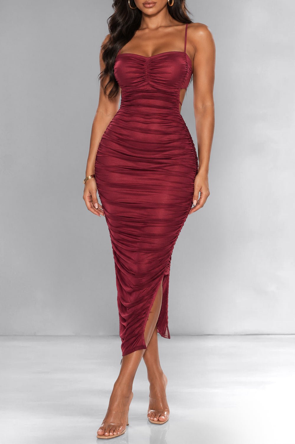 Maroon Ruched Midi Dress with Thigh-High Slit for Evening Maroon Ruched Midi Dress with Thigh-High Slit for Evening — Miami Outfits 2027