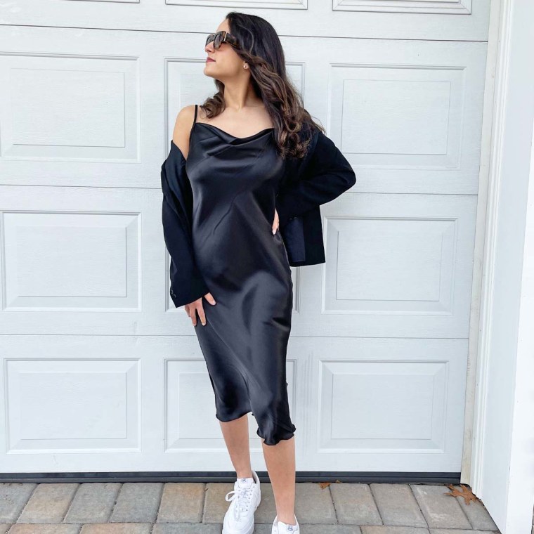 Casual Black Satin Slip Dress with Oversized Blazer Casual Black Satin Slip Dress with Oversized Blazer — Satin Dress Outfits 2027