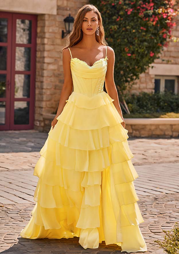 Vibrant Yellow Strapless Gown with Tiered Ruffled Skirt Vibrant Yellow Strapless Gown with Tiered Ruffled Skirt — Strapless Dresses 2027