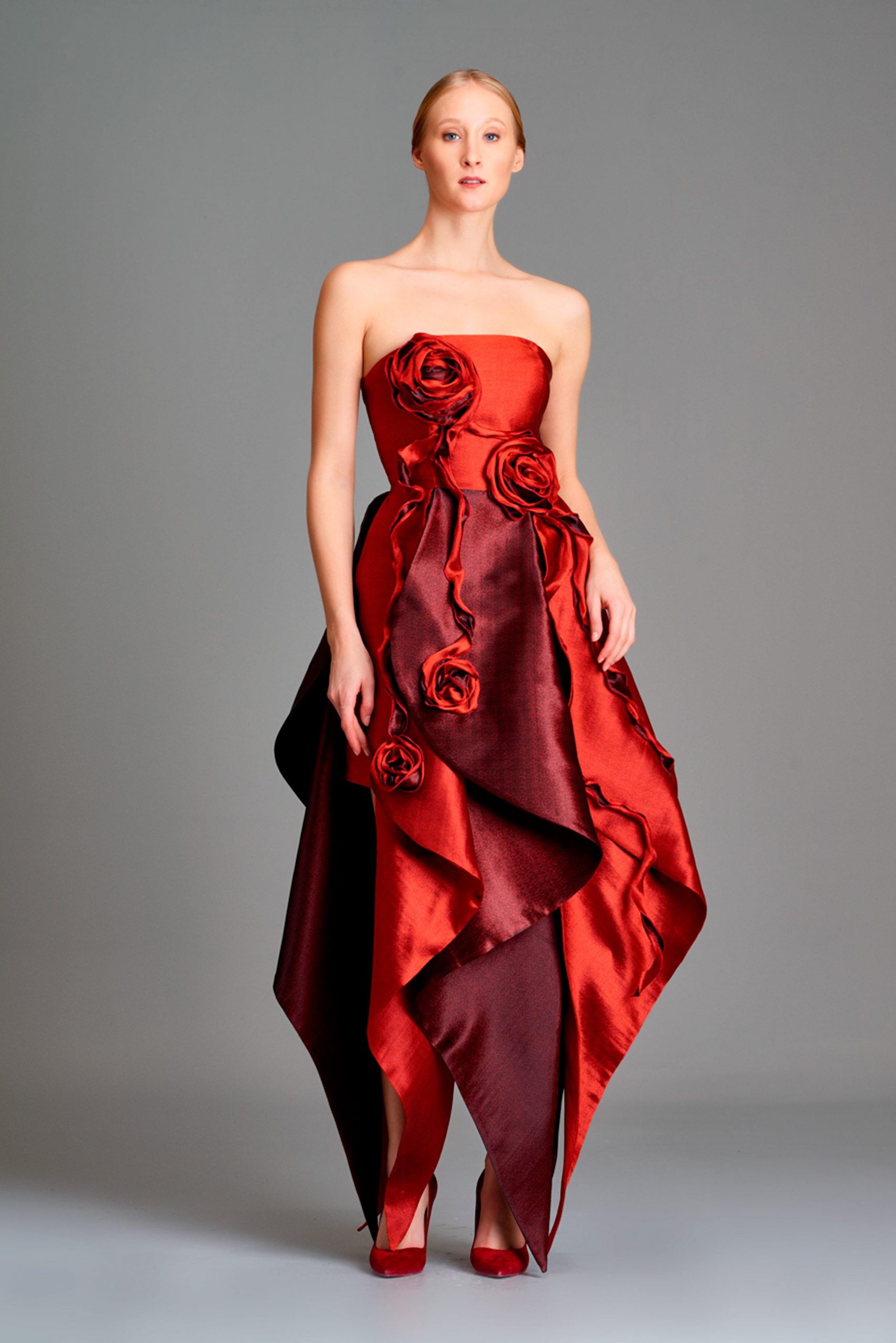 Asymmetrical Midi Dress with Voluminous Layered Skirt and 3D Floral Details — 3D Floral Outfits 2027