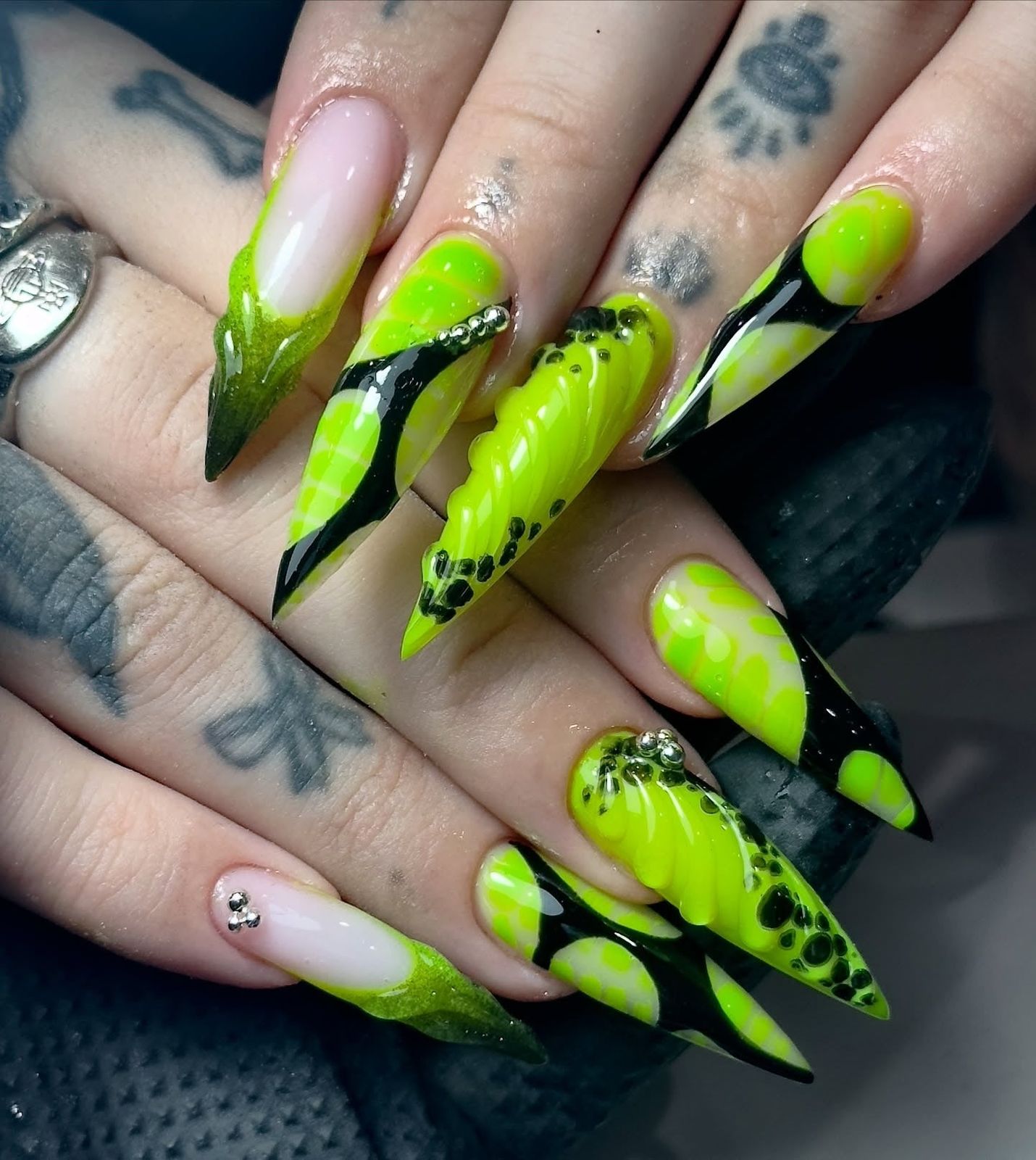 Neon Green and Black Abstract Glossy Stilettos Neon Green and Black Abstract Glossy Stilettos — Neon Stiletto Nails 2027