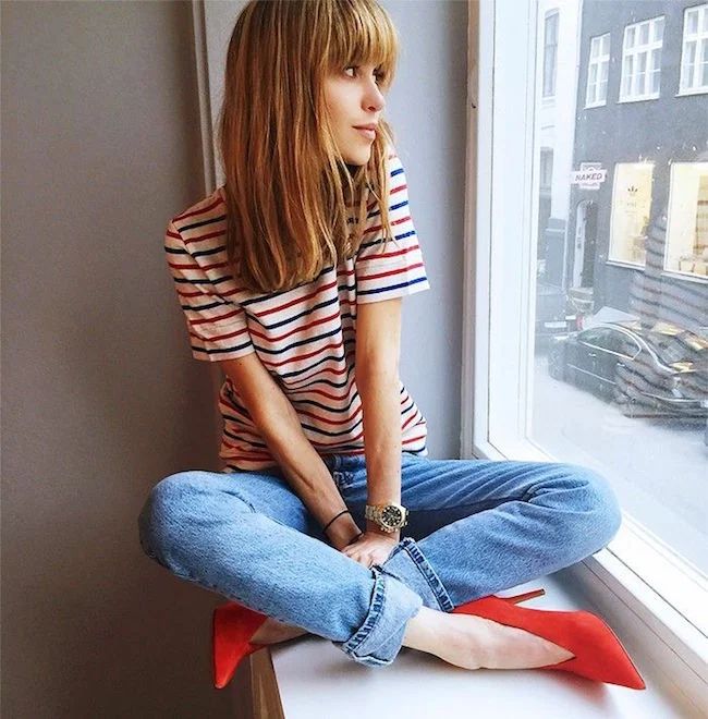 Striped T-Shirt and Relaxed Jeans with Red Heels — Pinterest Girl Outfits 2027