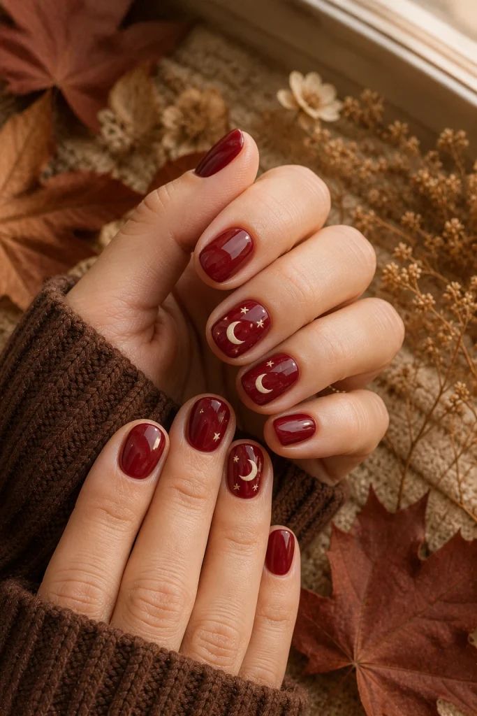 Burgundy With Gold Celestial Accents — Burgundy Nails 2027