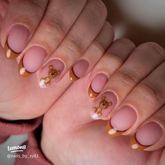 Nude with Brown French Teddy Bear — Baby Shower Nails 2027