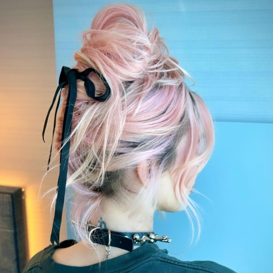Pink Updo With Black Ribbon Bows Pink Updo With Black Ribbon Bows — Coquette Hairstyles 2027