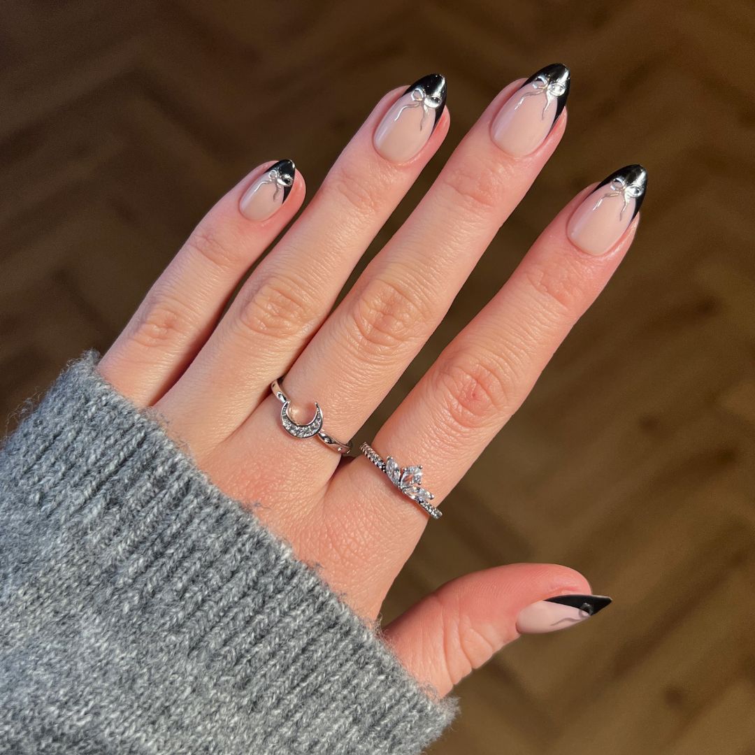 Sheer Nude Silver Bow French Almonds — Black Bow Nails 2027