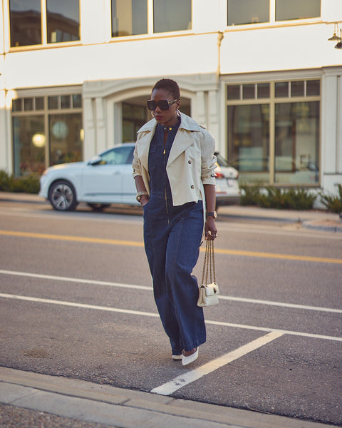 Cropped Cream Trench Coat Over Denim Jumpsuit — Spring Outfits 2027 with Trench Coat