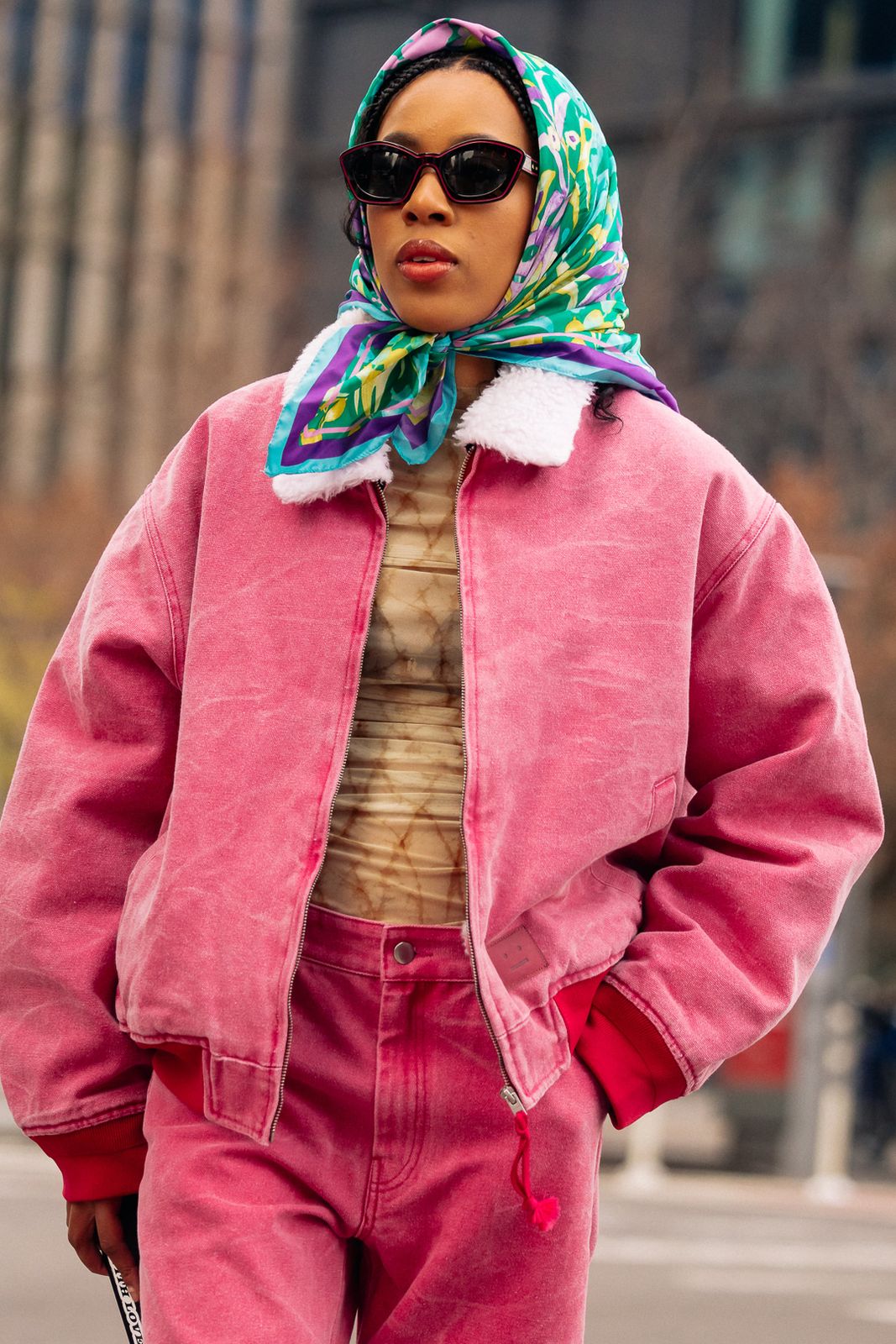 Pink Denim Set with Mesh Top for a Playful Winter Look Pink Denim Set with Mesh Top for a Playful Winter Look — Winter Outfits Warm Climate 2027
