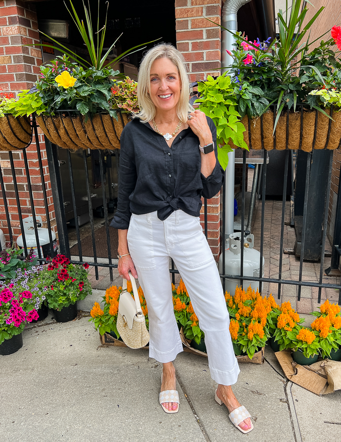 Knotted Linen Shirt with Cropped White Wide-Leg Trousers Knotted Linen Shirt with Cropped White Wide-Leg Trousers — Casual Outfits 2027