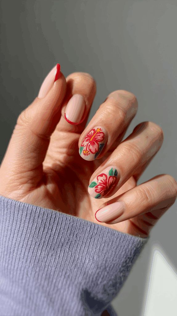 Detailed Red Hibiscus Short Oval Detailed Red Hibiscus Short Oval — Hibiscus Flower Nails 2027