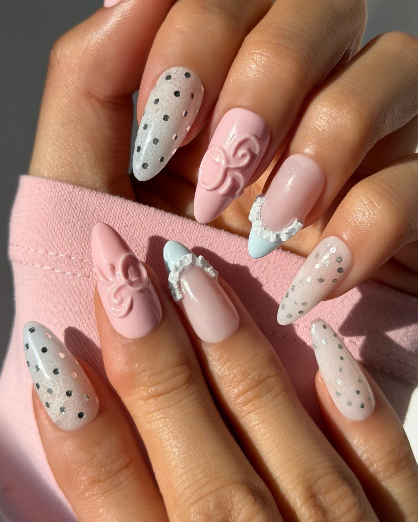 Medium Stiletto 3D Bows & Lace Patterns — Pink Bow Nails 2027