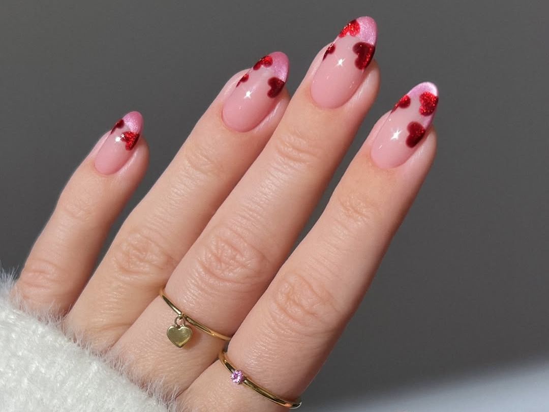 Sheer Pink Base with Red Glitter Hearts Sheer Pink Base with Red Glitter Hearts — Pink and Red Nails 2027