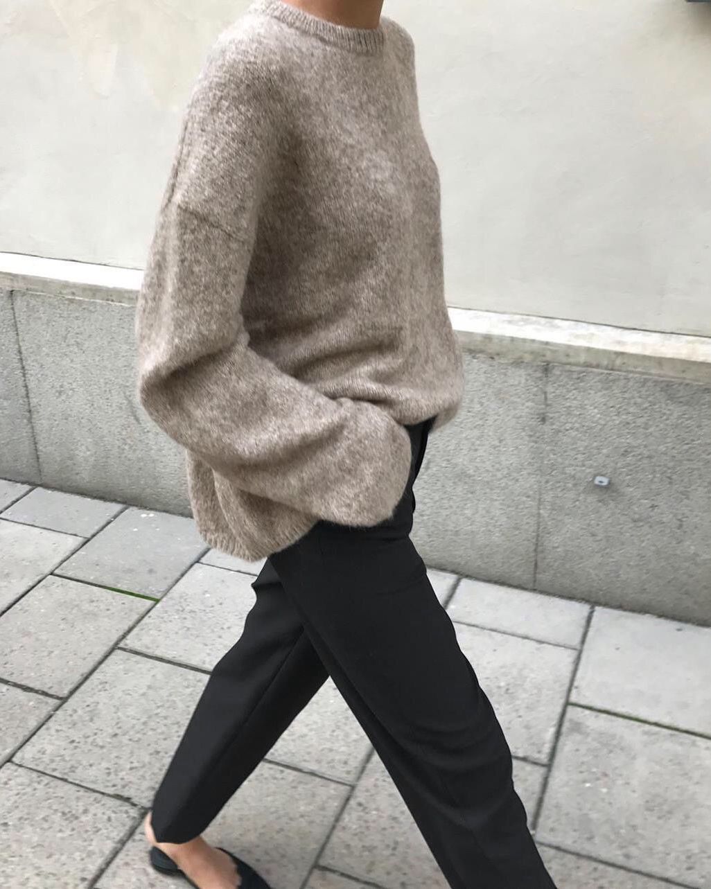 Oversized Beige Knit Sweater with Black Trousers — Winter Minimalist Outfits 2027