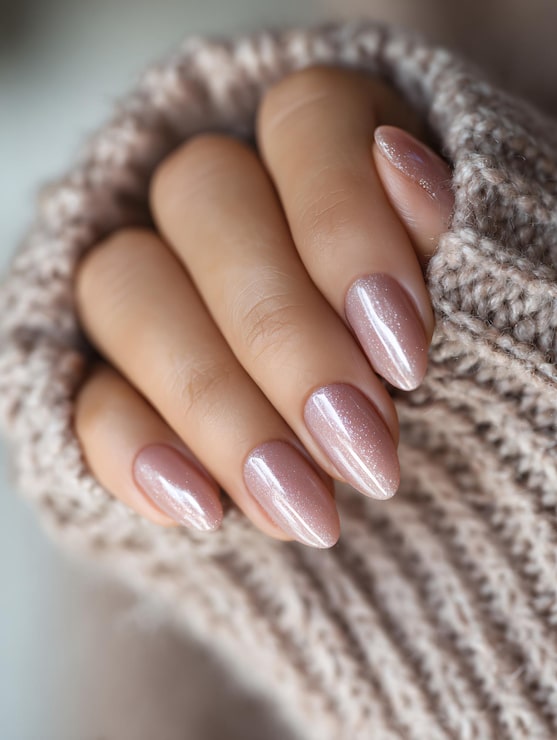Sheer Rosy-Beige Glitter Almonds — Cozy Winter Nails 2027