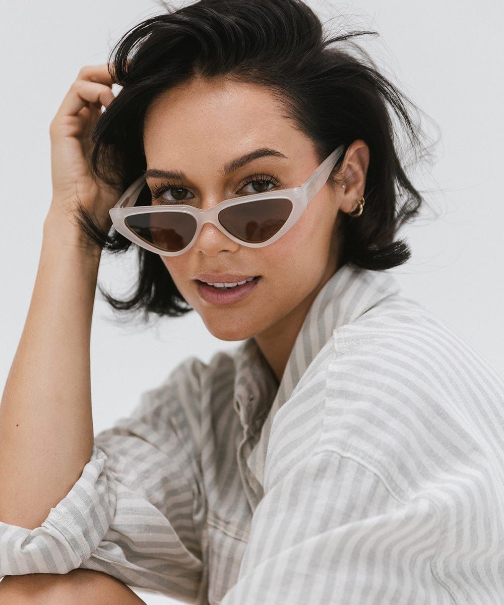 Geometric Light Beige Cat Eyes with Striped Shirt — Cat Eye Sunglasses Outfits 2027