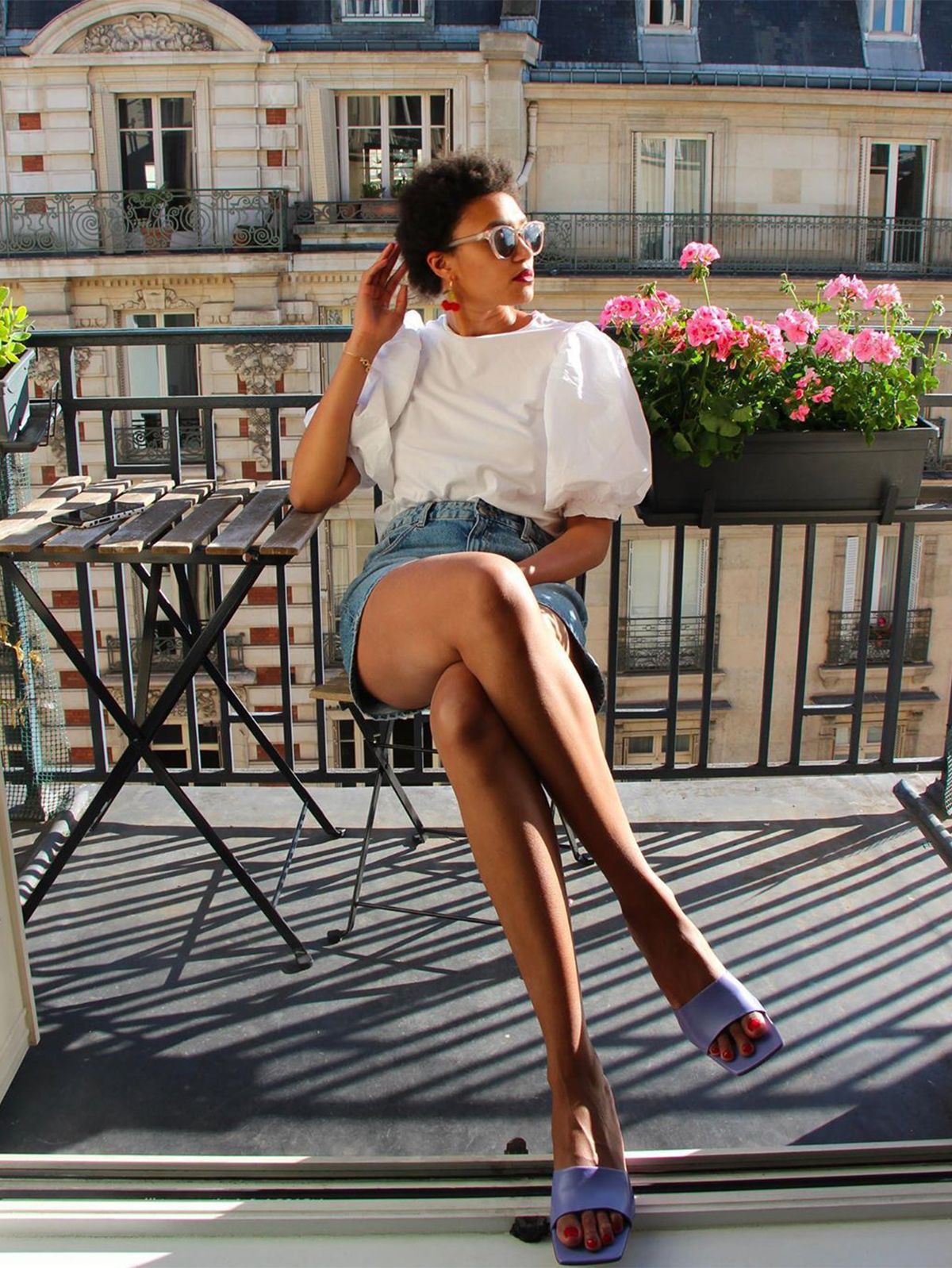 White Puff Sleeve Blouse with Blue Denim Mini Skirt and Lavender Mules White Puff Sleeve Blouse with Blue Denim Mini Skirt and Lavender Mules — Puff Sleeve Blouse Outfits 2027