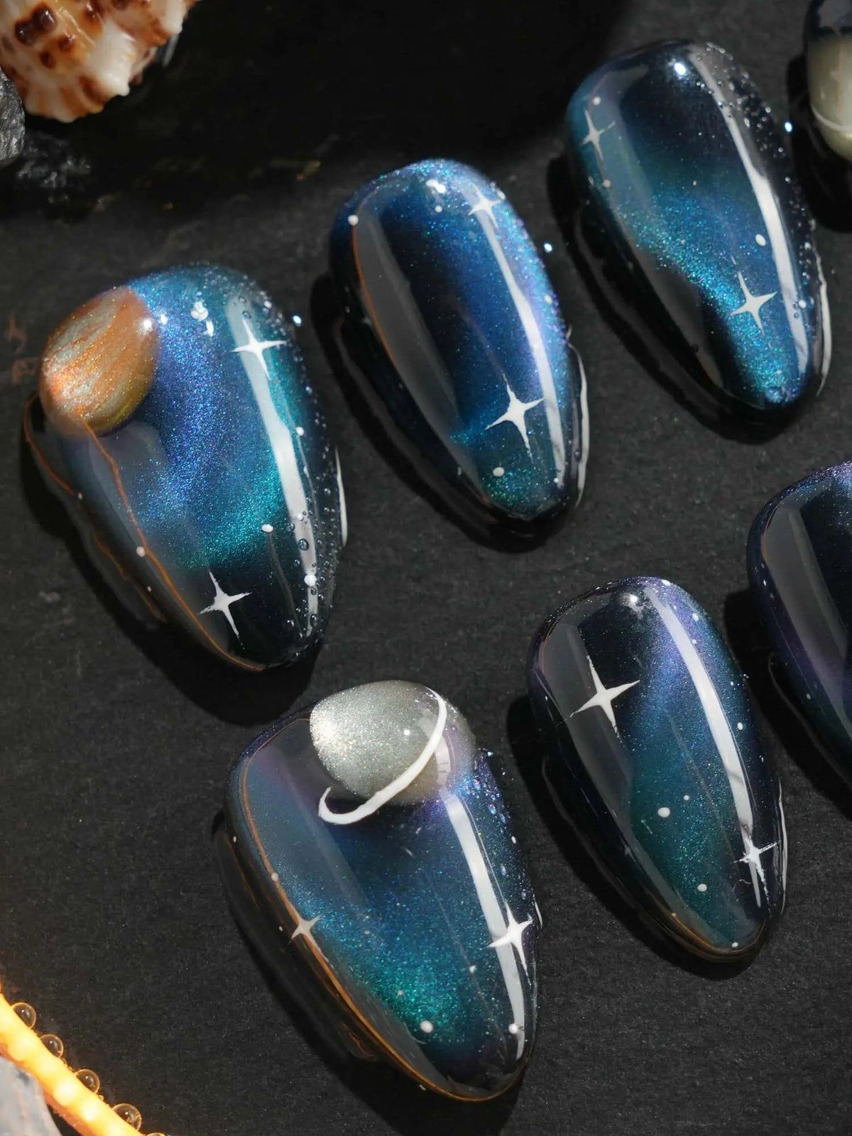 Short Galaxy Cat-Eye Nails with Moon — Moon and Stars Nails 2027