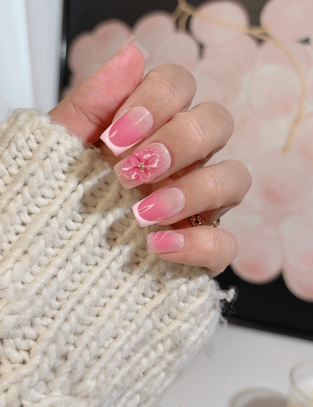Pink Ombre With 3D Floral Accent Pink Ombre With 3D Floral Accent — Flower Nails 2027