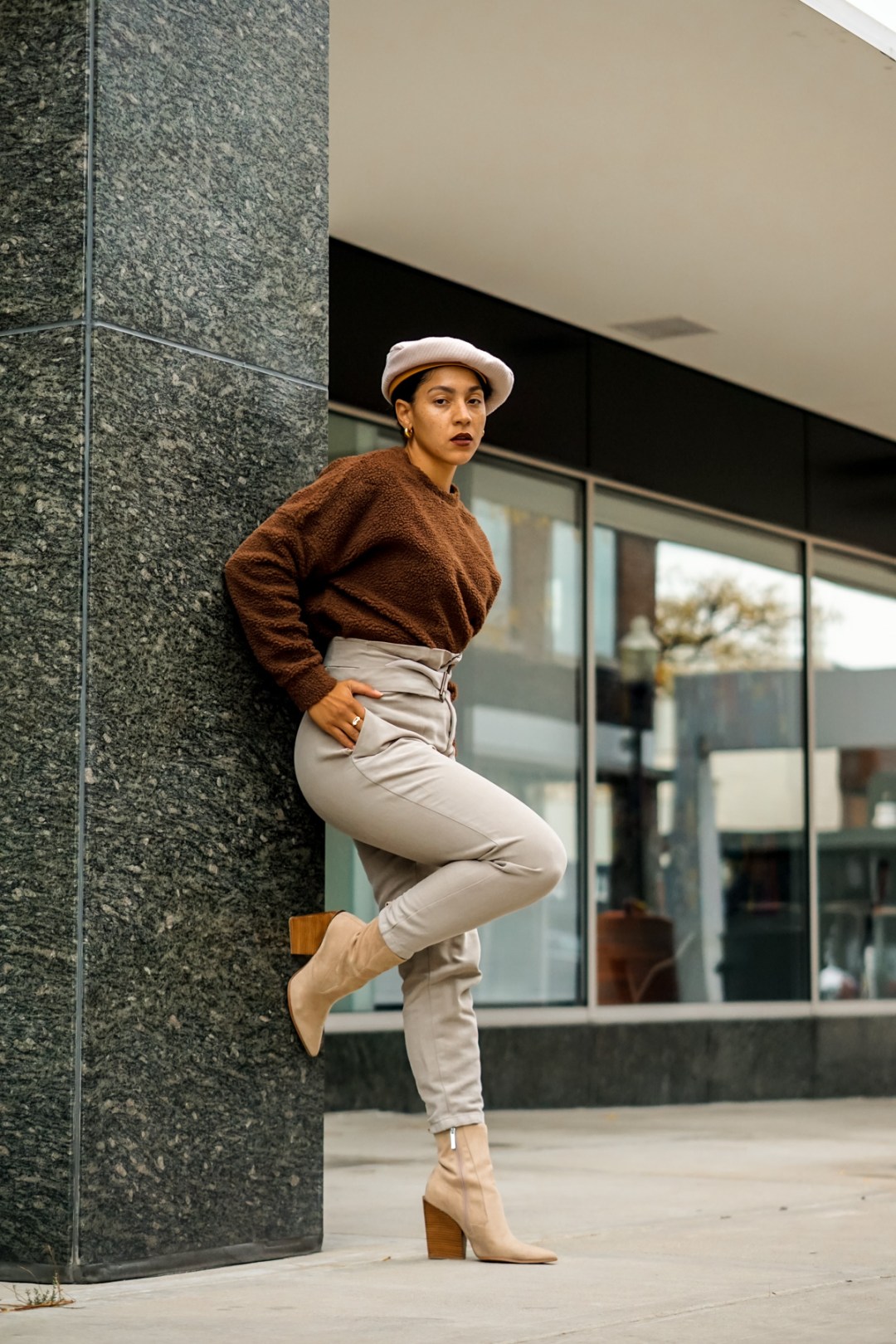 Textural Chic: Brown Fuzzy Sweatshirt with Trousers Textural Chic: Brown Fuzzy Sweatshirt with Trousers — Sweatshirt Outfits 2027