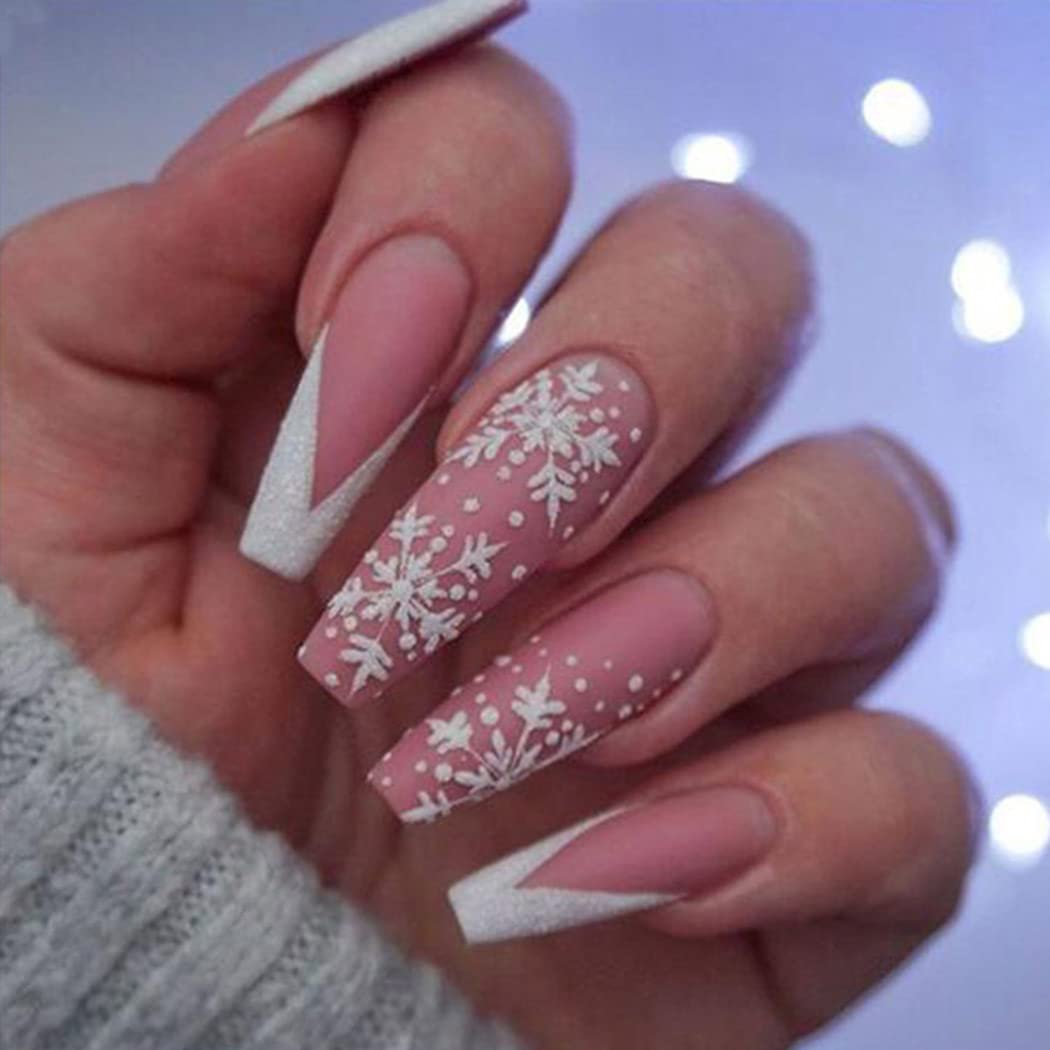 Pink Glitter French Snowflake Matte Nails Pink Glitter French Snowflake Matte Nails — Matte Christmas Nails 2026