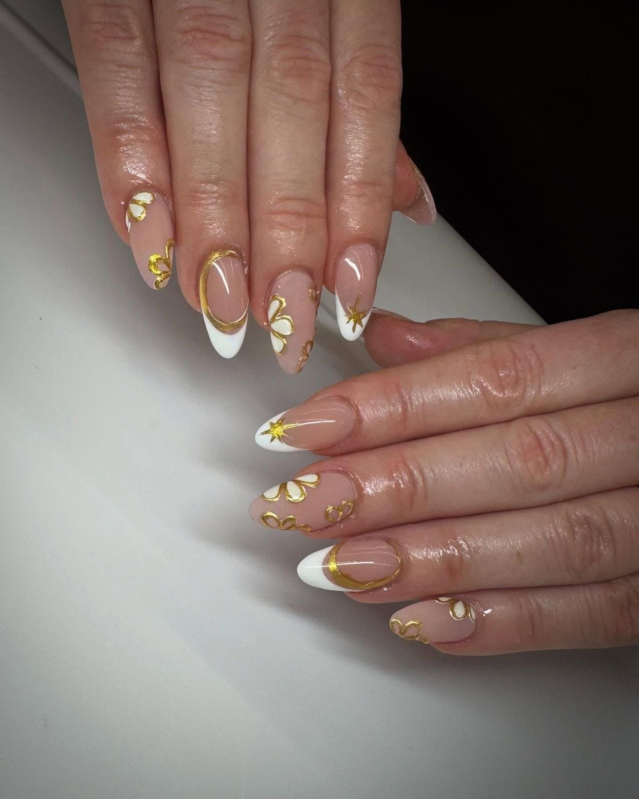 Nude with White French and Gold Foil Accents — Nails 2027 for Gold Dress