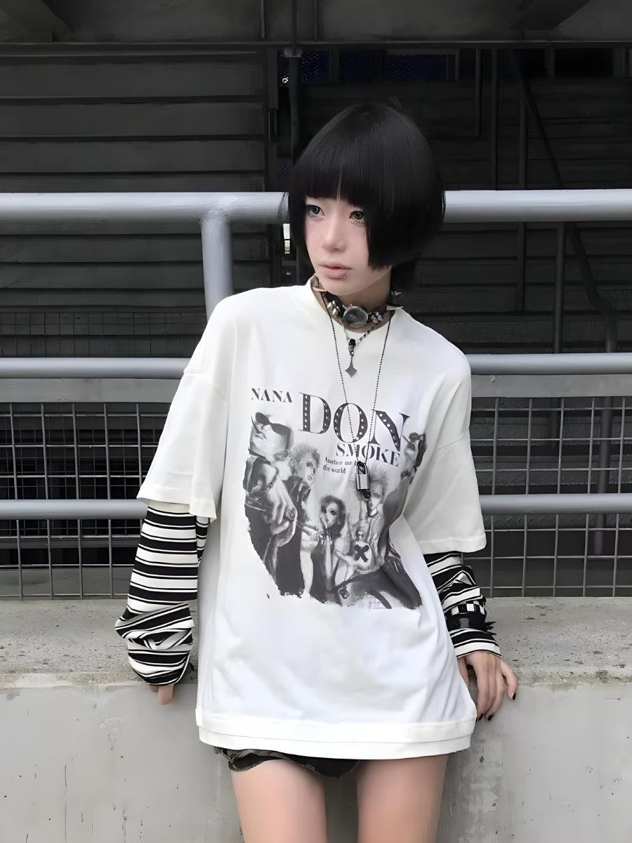 Layered Grunge: Oversized Tee over Striped Long-Sleeve Layered Grunge: Oversized Tee over Striped Long-Sleeve — Fairy Grunge Outfits 2027
