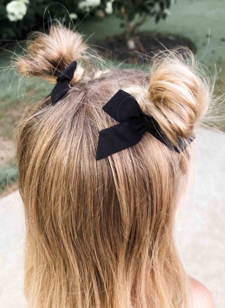 Blonde Two High Buns With Bows Blonde Two High Buns With Bows — Little Girl Hairstyles 2027