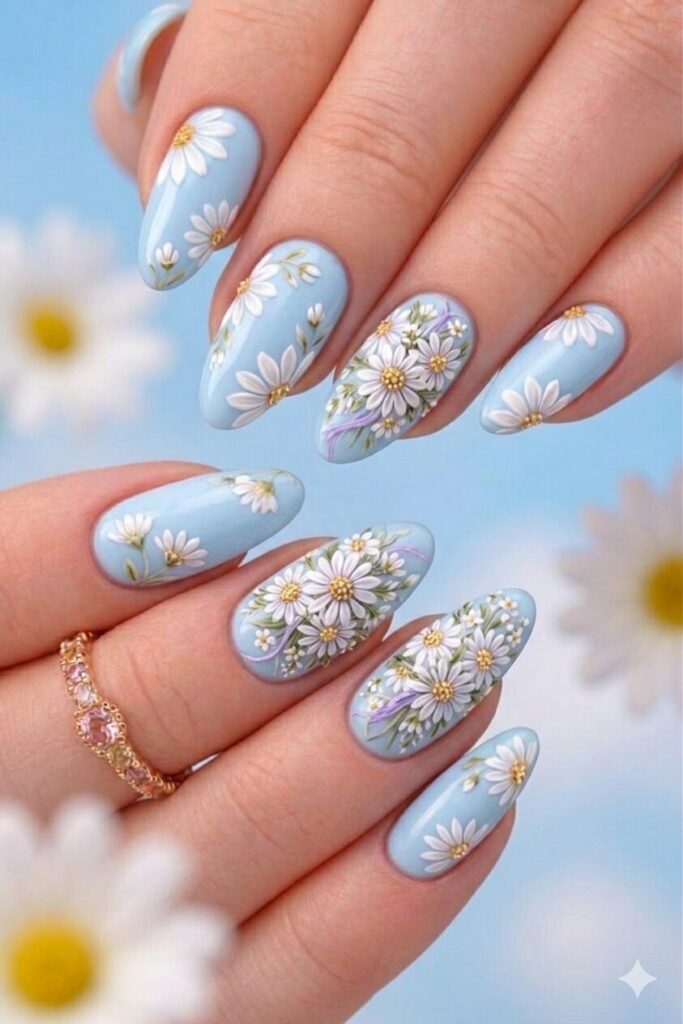 3D Sky Blue Daisies 3D Sky Blue Daisies — Daisy Flower Nails 2027