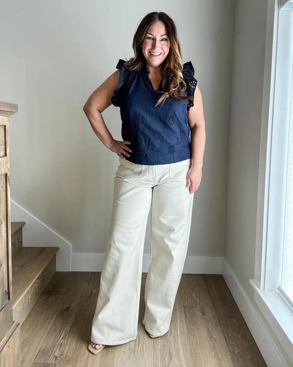 Eyelet Top with Cream Wide-Leg Trousers Eyelet Top with Cream Wide-Leg Trousers — Classic Americana Outfits 2027