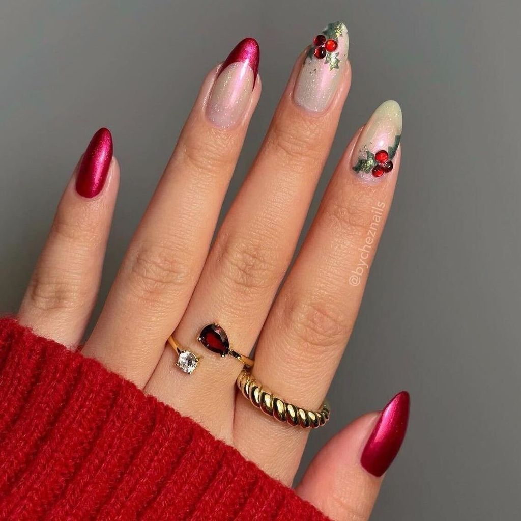 Metallic Red Holly Berry Almonds Metallic Red Holly Berry Almonds — Sparkly Holiday Nails 2026