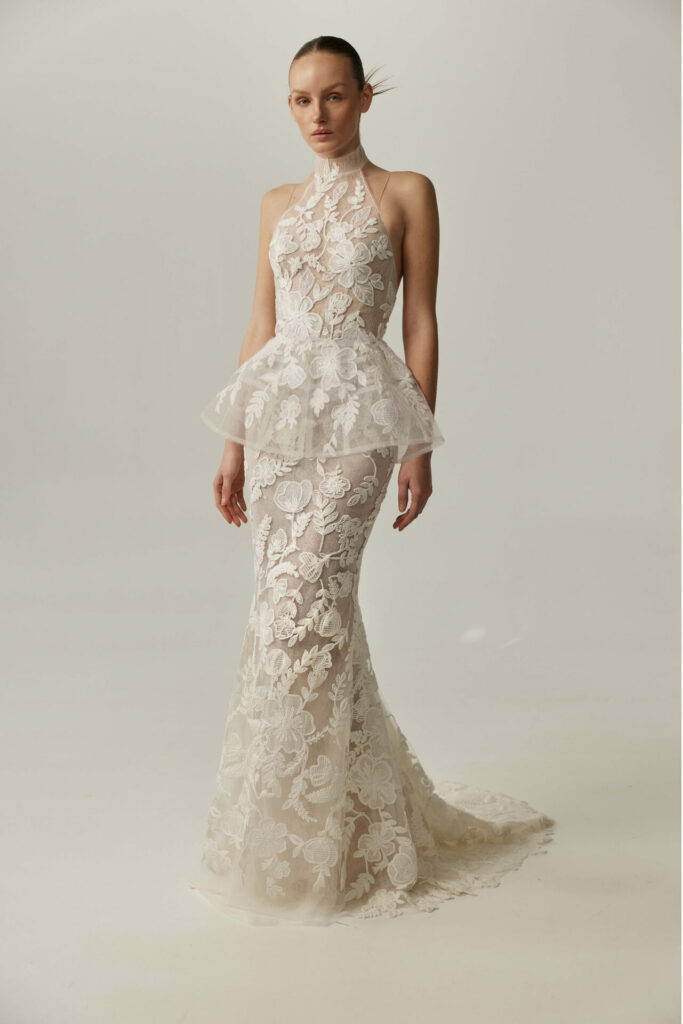 Ivory Halter Bridal Gown with Peplum Detail Ivory Halter Bridal Gown with Peplum Detail — Crochet Dresses 2027