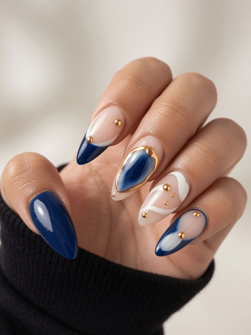 Navy Abstract Gold Bead Almond Nails Navy Abstract Gold Bead Almond Nails — Baddie Nails 2027