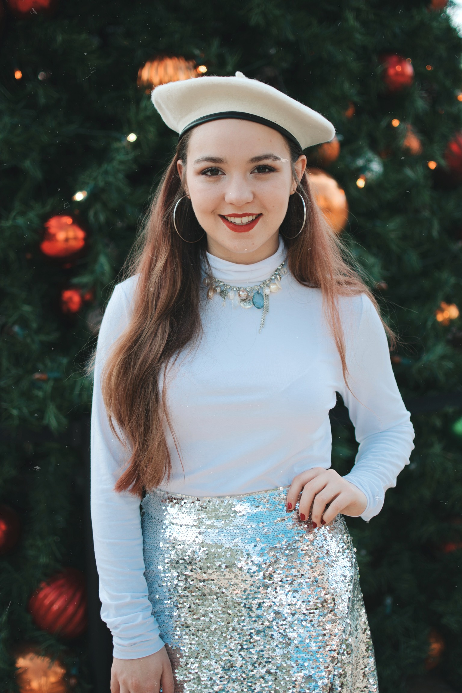 Sparkling Silver Sequined Skirt with White Accents Sparkling Silver Sequined Skirt with White Accents — Christmas Party Outfits 2026