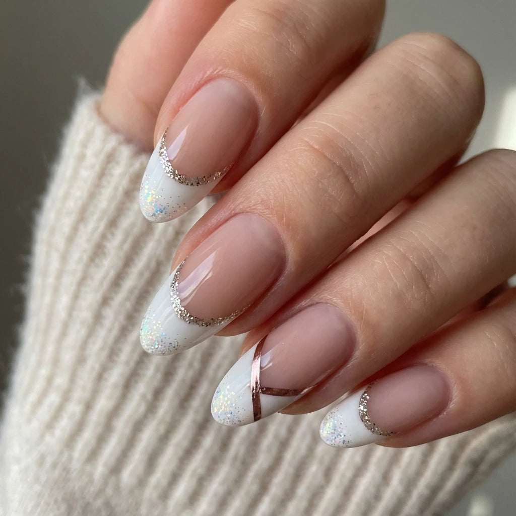 Silver Glitter French Tip Stilettos with Foil Silver Glitter French Tip Stilettos with Foil — New Years Eve Nails 2027