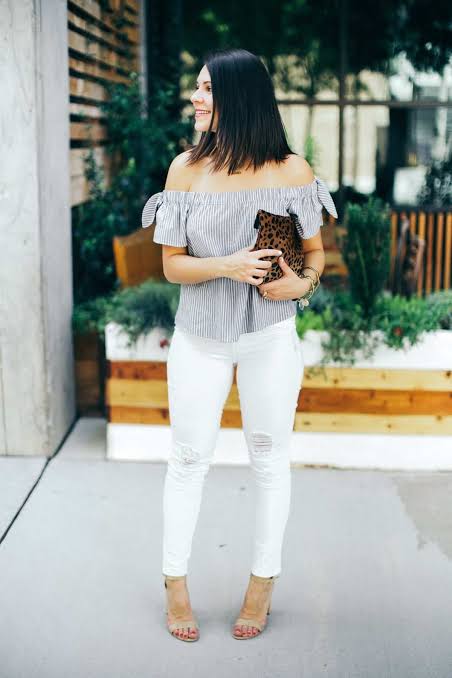 Striped Off-Shoulder Top with Tie Sleeves and White Ripped Jeans — Off the Shoulder Top Outfits 2027