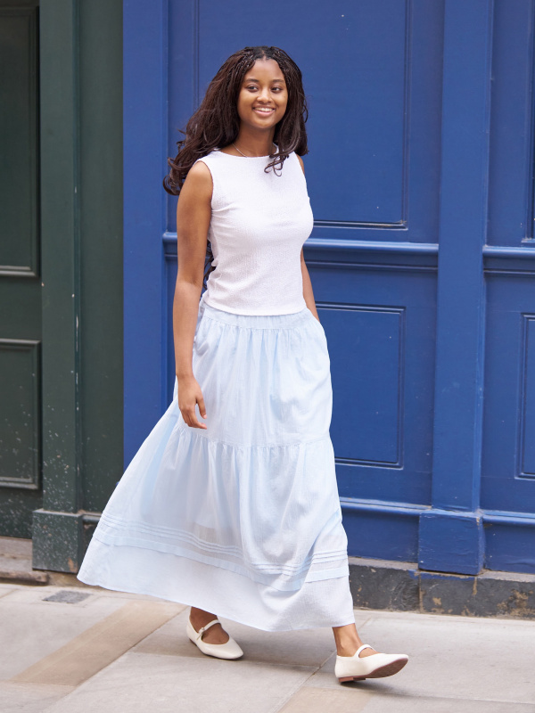 Light Blue Striped Tiered Skirt for Spring Casual — Tiered Skirt Outfits 2027