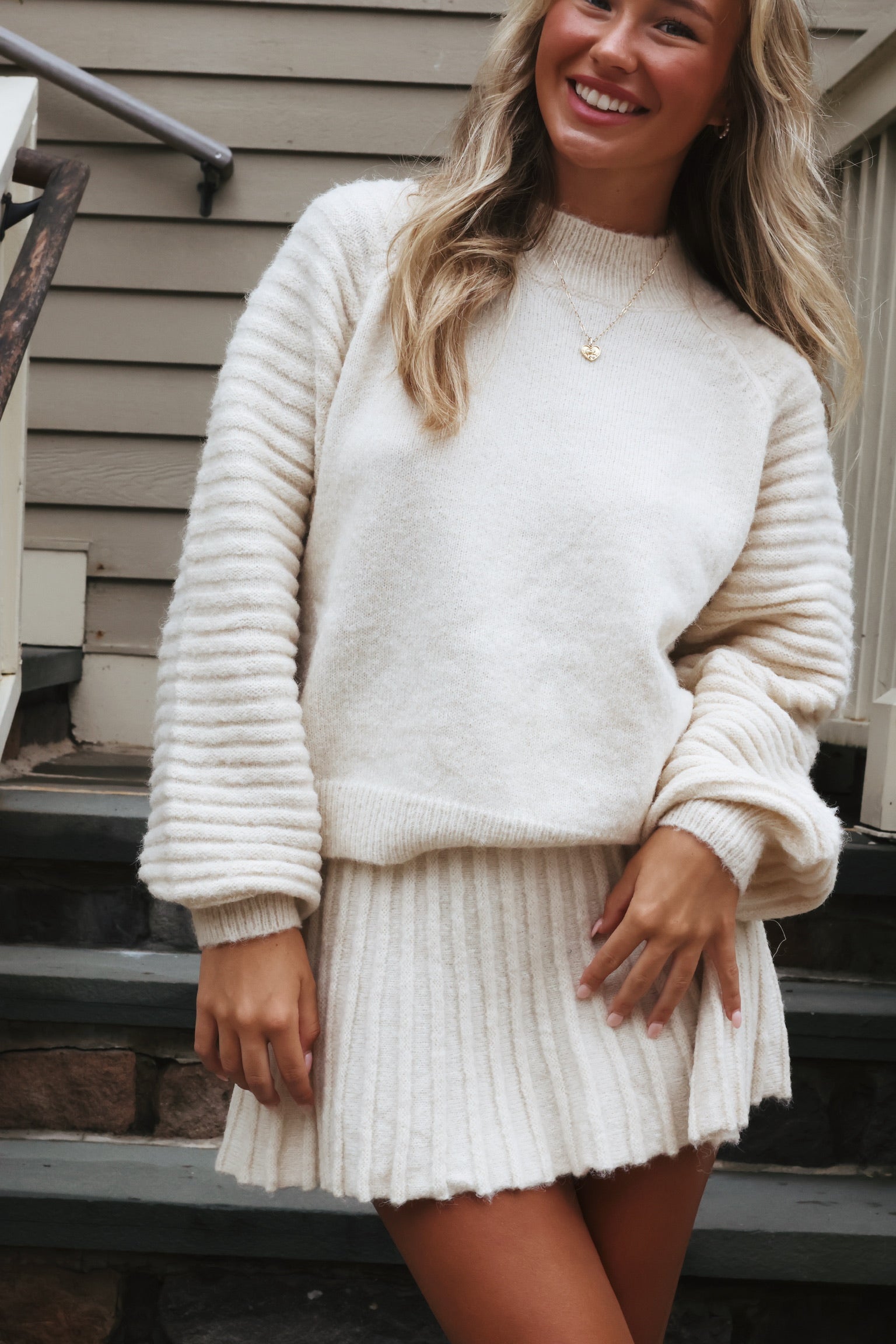 Textured Cream Knit Set: Sweater and Mini Skirt — Sweater and Skirt Outfits 2027