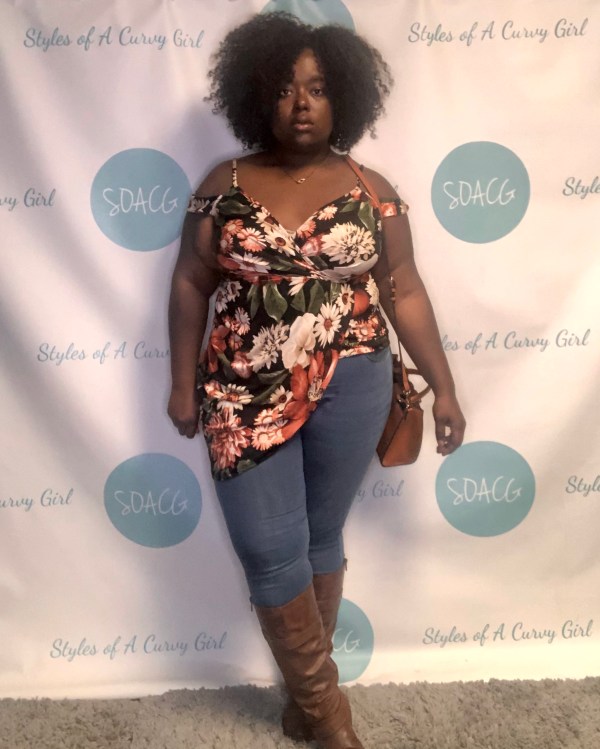 Floral Off-the-Shoulder Top with Skinny Jeans — Plus Size Thanksgiving Outfits 2026