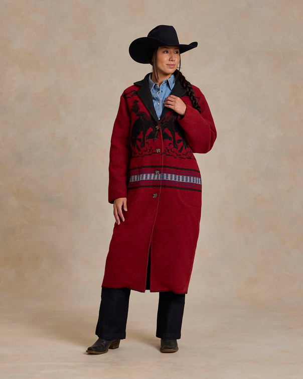Long Patterned Wool Coat for a Striking Winter Western Look — Winter Western Outfits 2027
