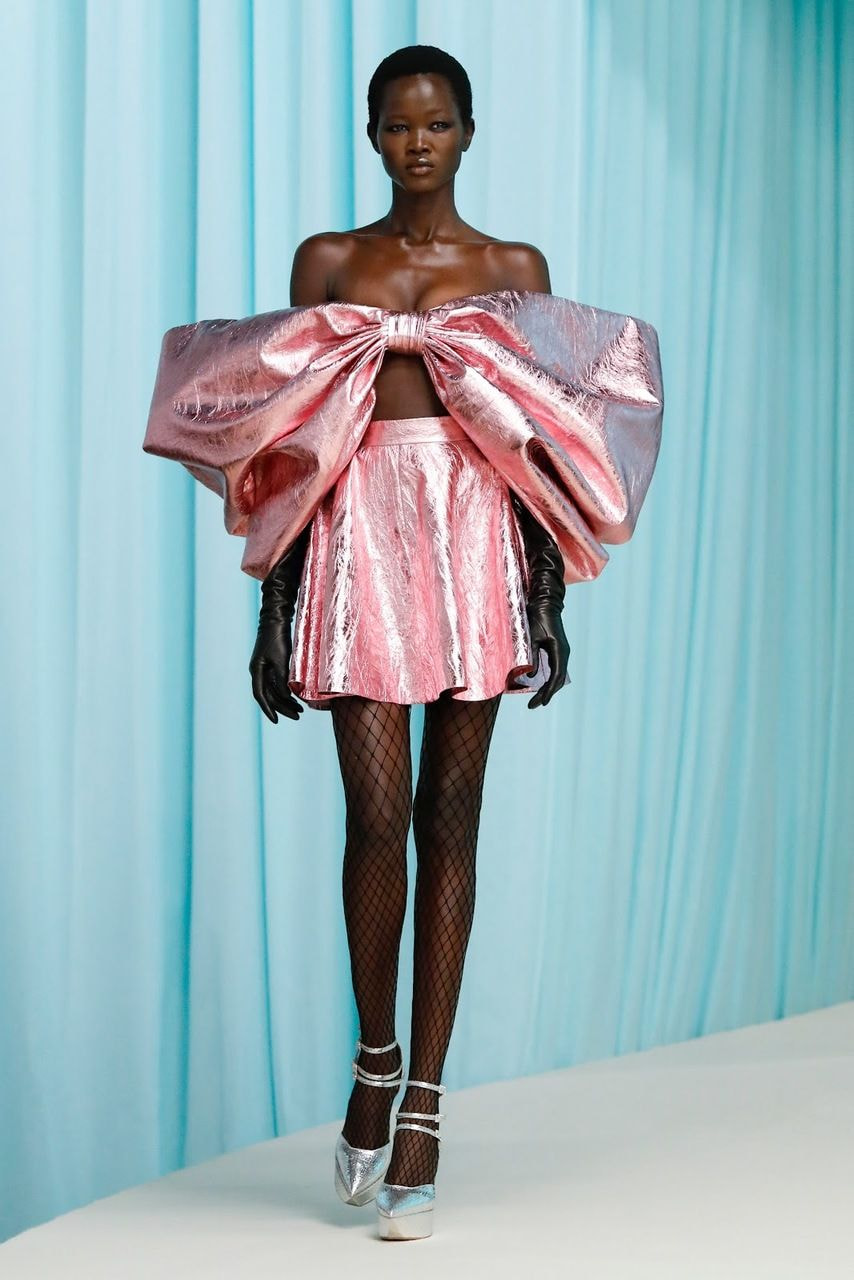 Metallic Pink Bow Top with Opera Gloves and Fishnets — Y2K Outfits 2027