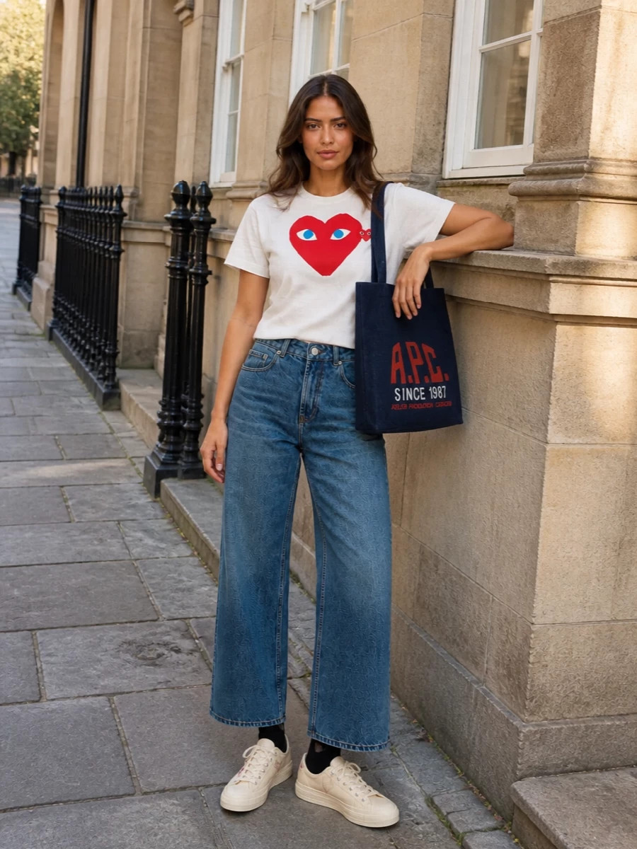 Blue Wide Leg Jeans and a Heart Graphic Tee — Straight Leg Jeans Outfits 2027 with Graphic Tee