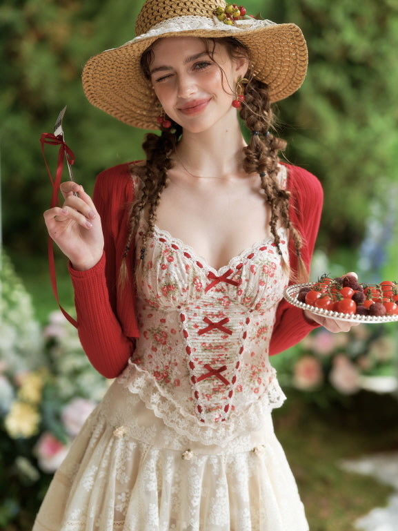 Floral Ribbon Corset & Lace Skirt | Strawberry Detail | Coquette Aesthetic Outfit