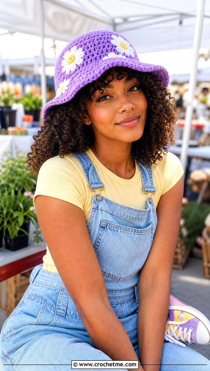 Thick Curly Dark Brown Mid-Back With Daisies — Bucket Hat Hairstyles 2027