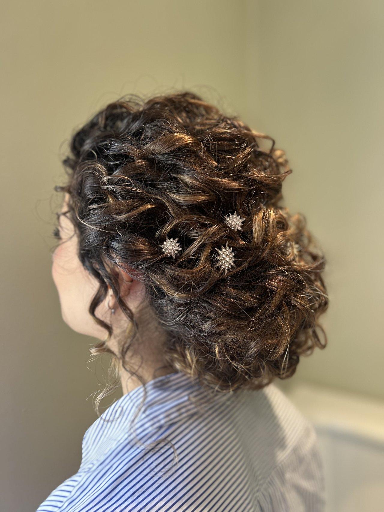 Curly Dark Brown Updo With Star Pins Curly Dark Brown Updo With Star Pins — Mother of the Bride Updos 2027