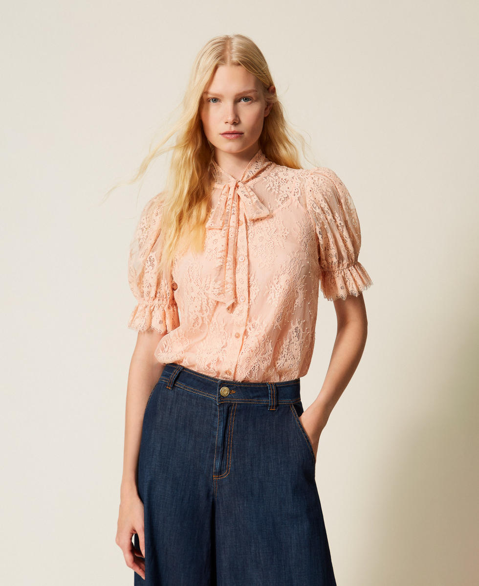 Pink Tee with Lace Trim and White Flare Pants Pink Tee with Lace Trim and White Flare Pants — Bows and Lace Outfits 2027