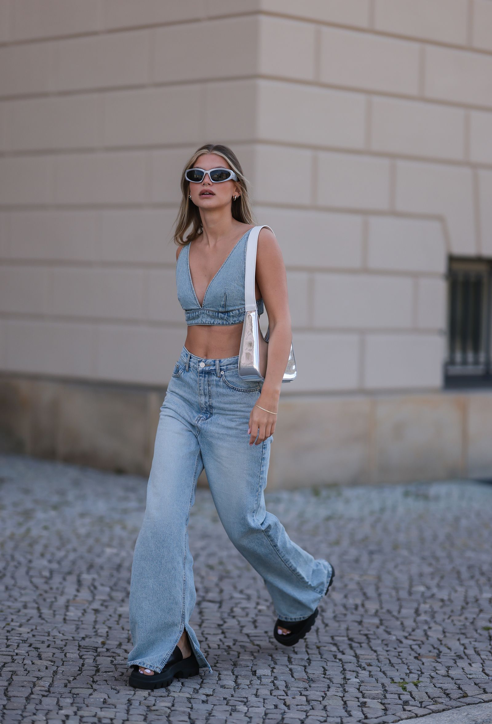 Denim on Denim: Light Wash Jeans with Bralette and Platform Sandals — Bootcut Jeans Outfits 2027 with Sandals