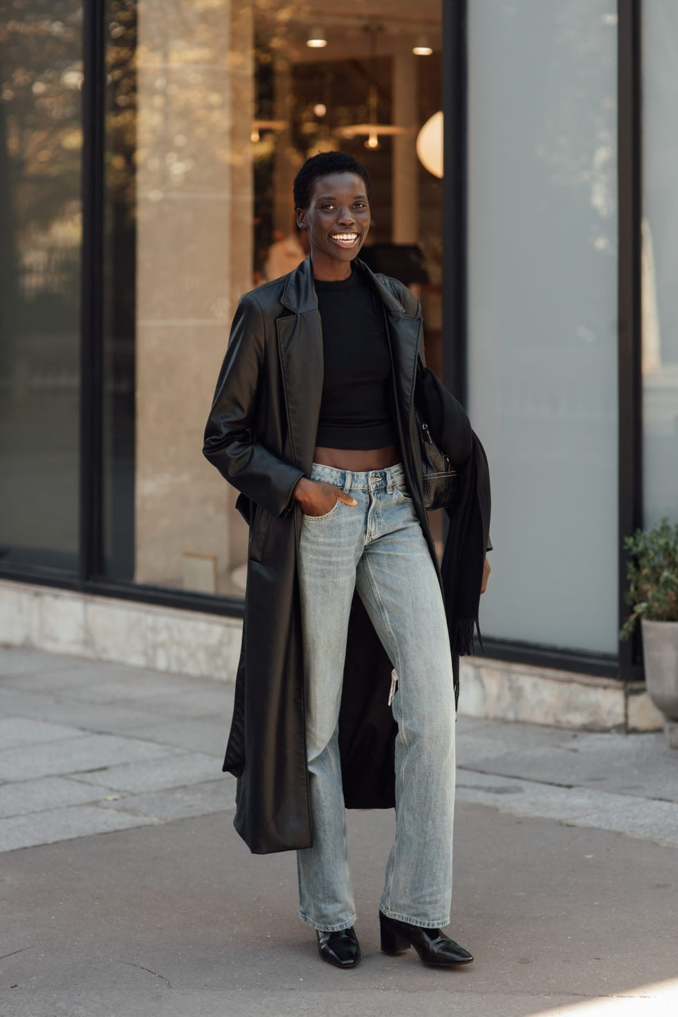 Casual Light Wash Bootcut Jeans with a Leather Trench Coat — Work Bootcut Jeans Outfits 2027