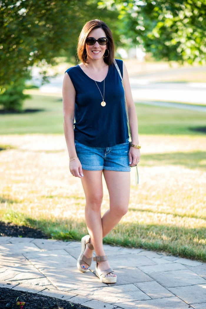 Tan Espadrille Wedges with Denim Shorts and a Navy Top — Vacation Espadrilles Outfits 2027