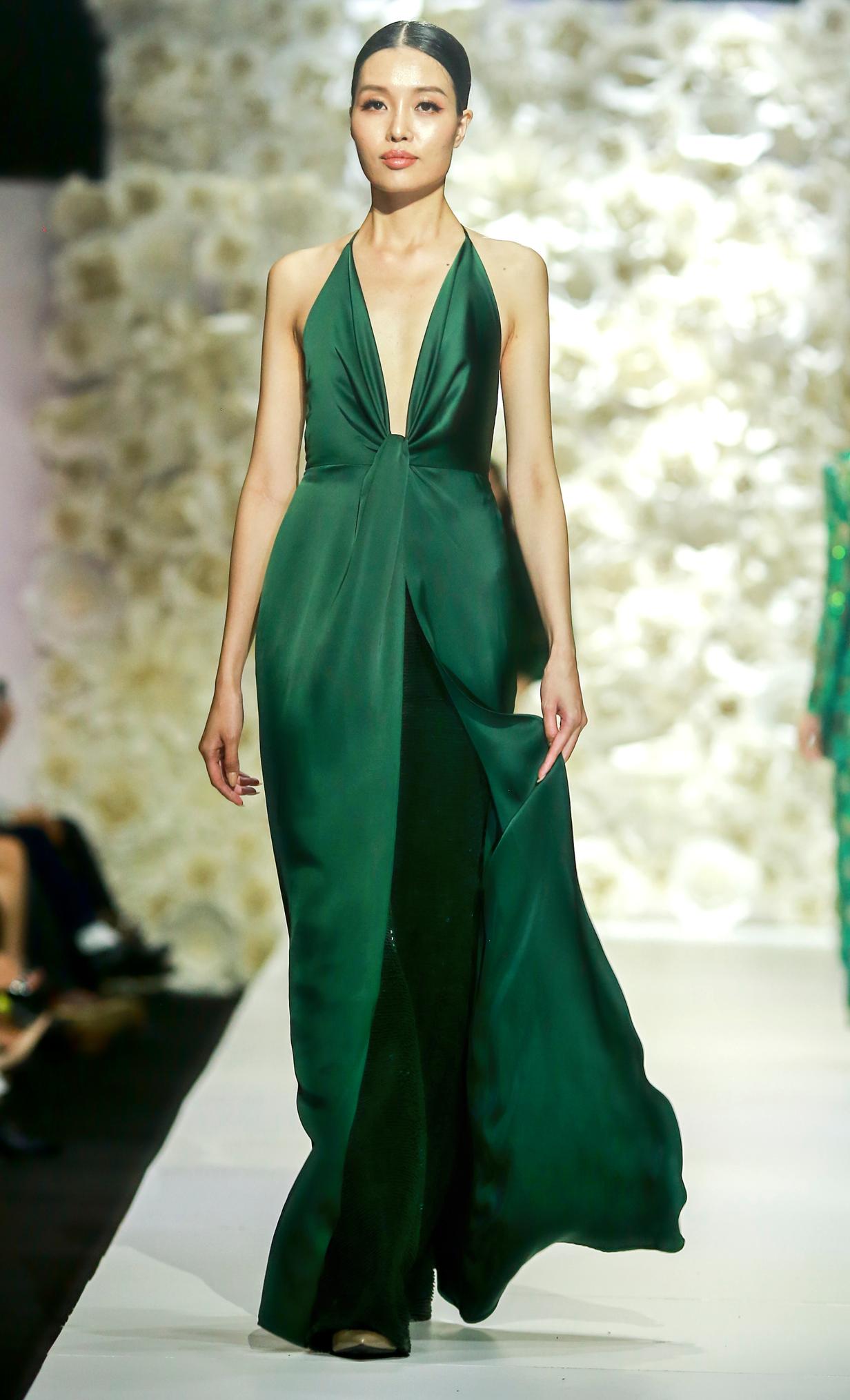 Emerald Green Silk Halterneck Gown with Deep V-Neckline and High Slit — Silk Dresses 2027
